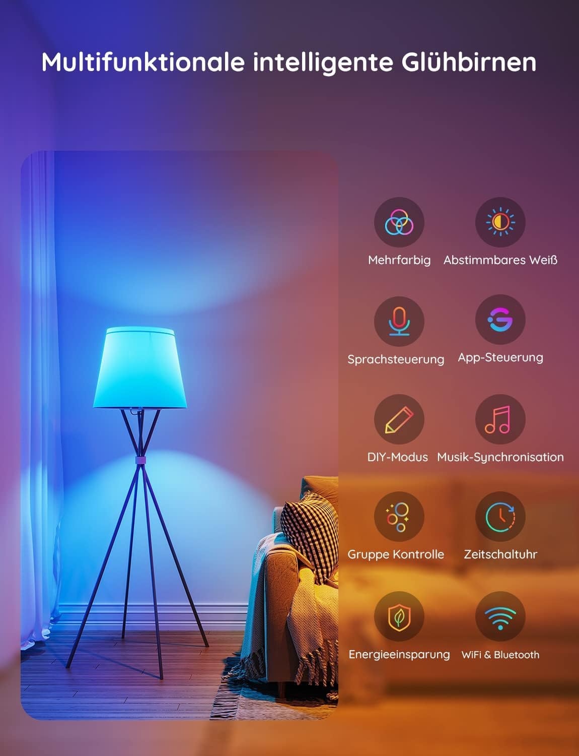 Govee Smart Glühbirne E27, WLAN Lampe RGBWW dimmbare mit 16 Millionen DIY-Farben, 800LM, 54 Szenen, Smarte Glühbirne Sprachsteuerung Funktionieren mit Alexa, Google Assistant, 2 Stück