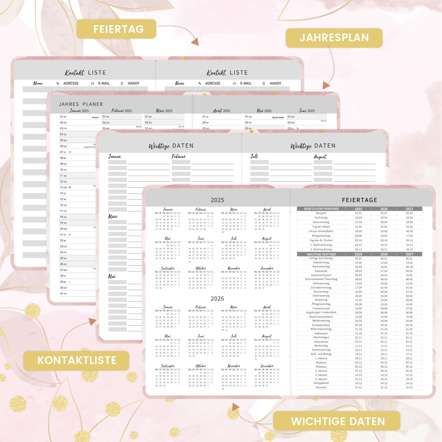 Kalender 2025 - A5 Terminkalender 2025 von Januar bis Dezember, Wochenplaner 2025, Kalender 2025 Buchkalender mit Innentasche, Elastischer Verschluss, 21.3 x 14.7cm - Rosa