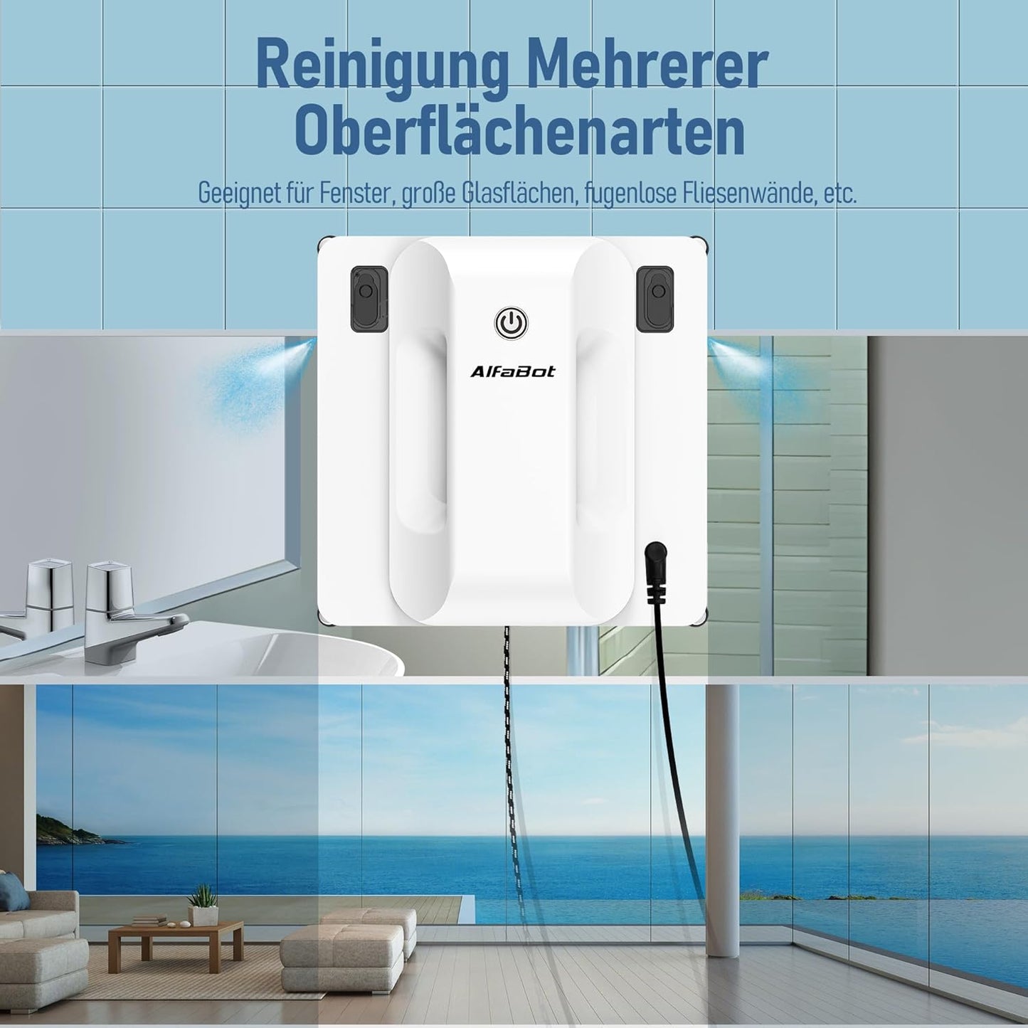 AlfaBot GLS400 Fensterputzroboter, intelligente Fensterscheiben Reinigung mit Doppelte automatische Wassersprühfunktion, 50ml Wassertank, Randerkennungstechnologie, Quadratisch