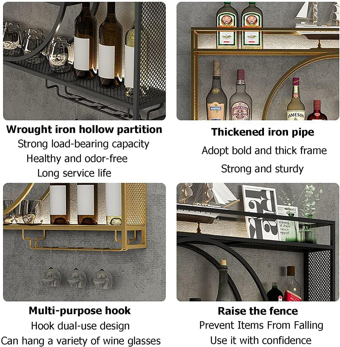 EudoER Modernes Weinregal aus Metall, Wandmontage, Bar-Einheit, schwebende Regale, Weinregale, Glasregal, Eisen-Display-Ständer, Weinhalter mit Regalen, für Zuhause, Restaurant, Bars