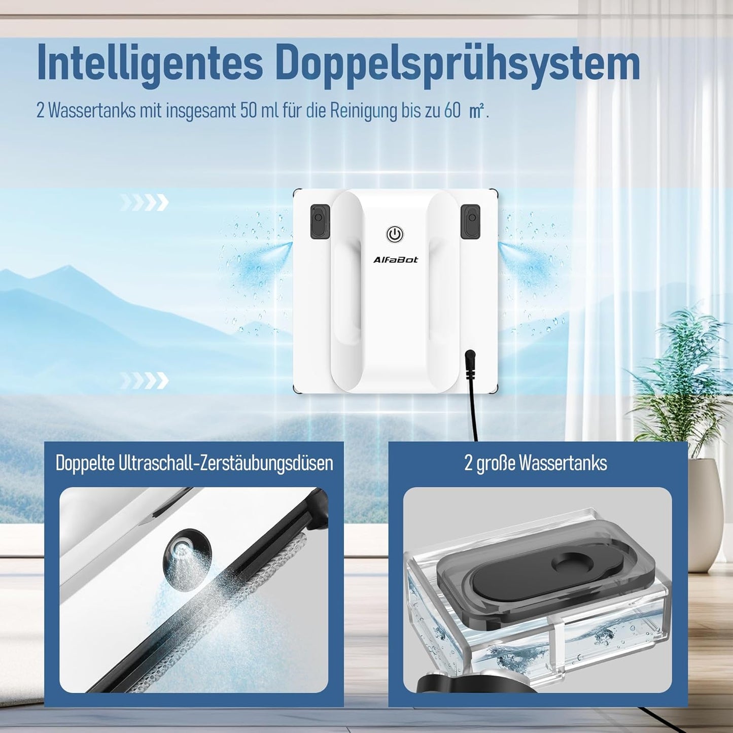 AlfaBot GLS400 Fensterputzroboter, intelligente Fensterscheiben Reinigung mit Doppelte automatische Wassersprühfunktion, 50ml Wassertank, Randerkennungstechnologie, Quadratisch