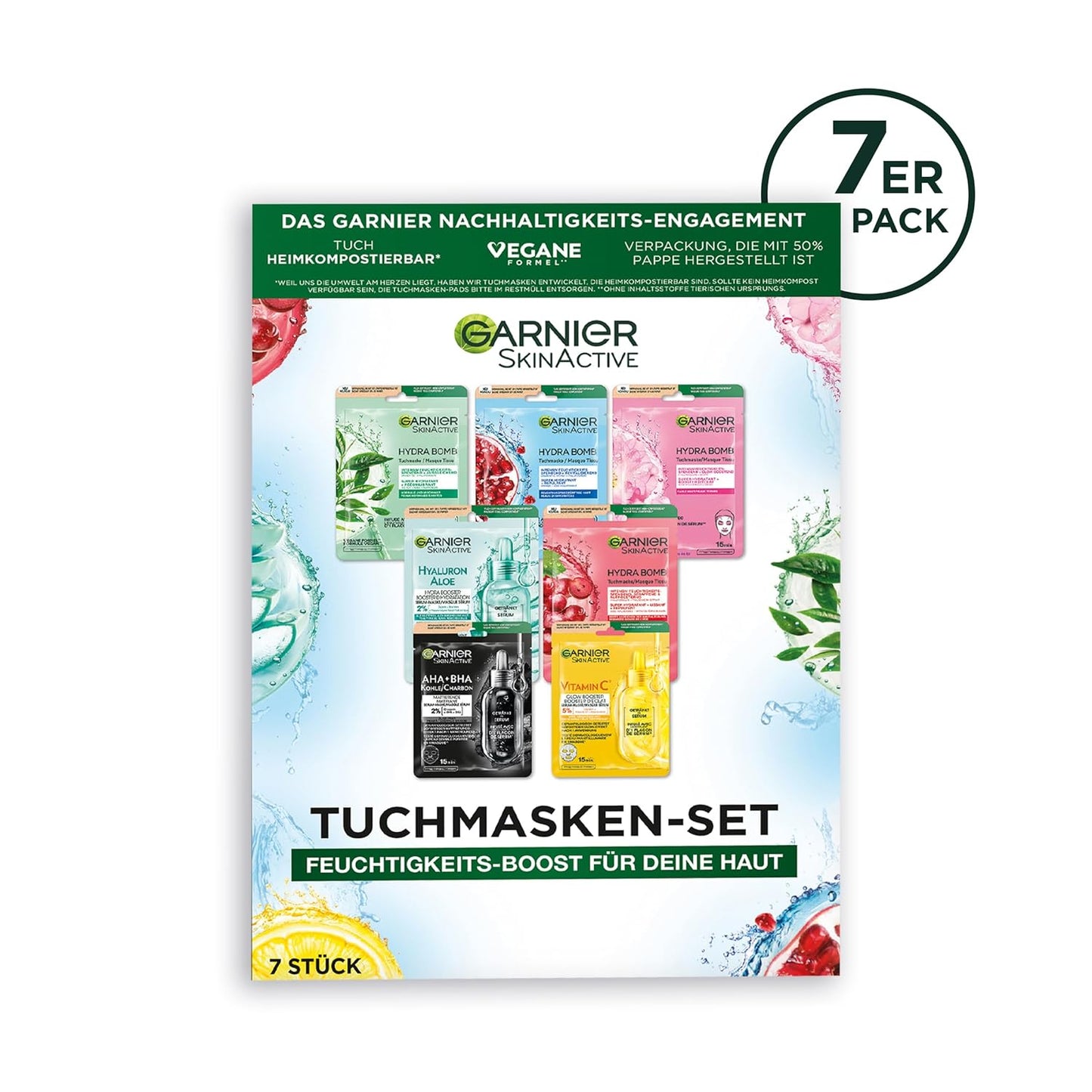 Garnier Tuchmasken Set für jeden Hauttyp, 7 Gesichtsmasken für trockene bis normale Haut, Vegane Formel mit Hyaluronsäure, Hydra Bomb und Nutri Bomb Maskenset, 7 x 28 g