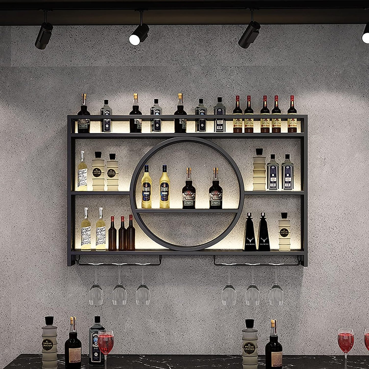 EudoER Modernes Weinregal aus Metall, Wandmontage, Bar-Einheit, schwebende Regale, Weinregale, Glasregal, Eisen-Display-Ständer, Weinhalter mit Regalen, für Zuhause, Restaurant, Bars