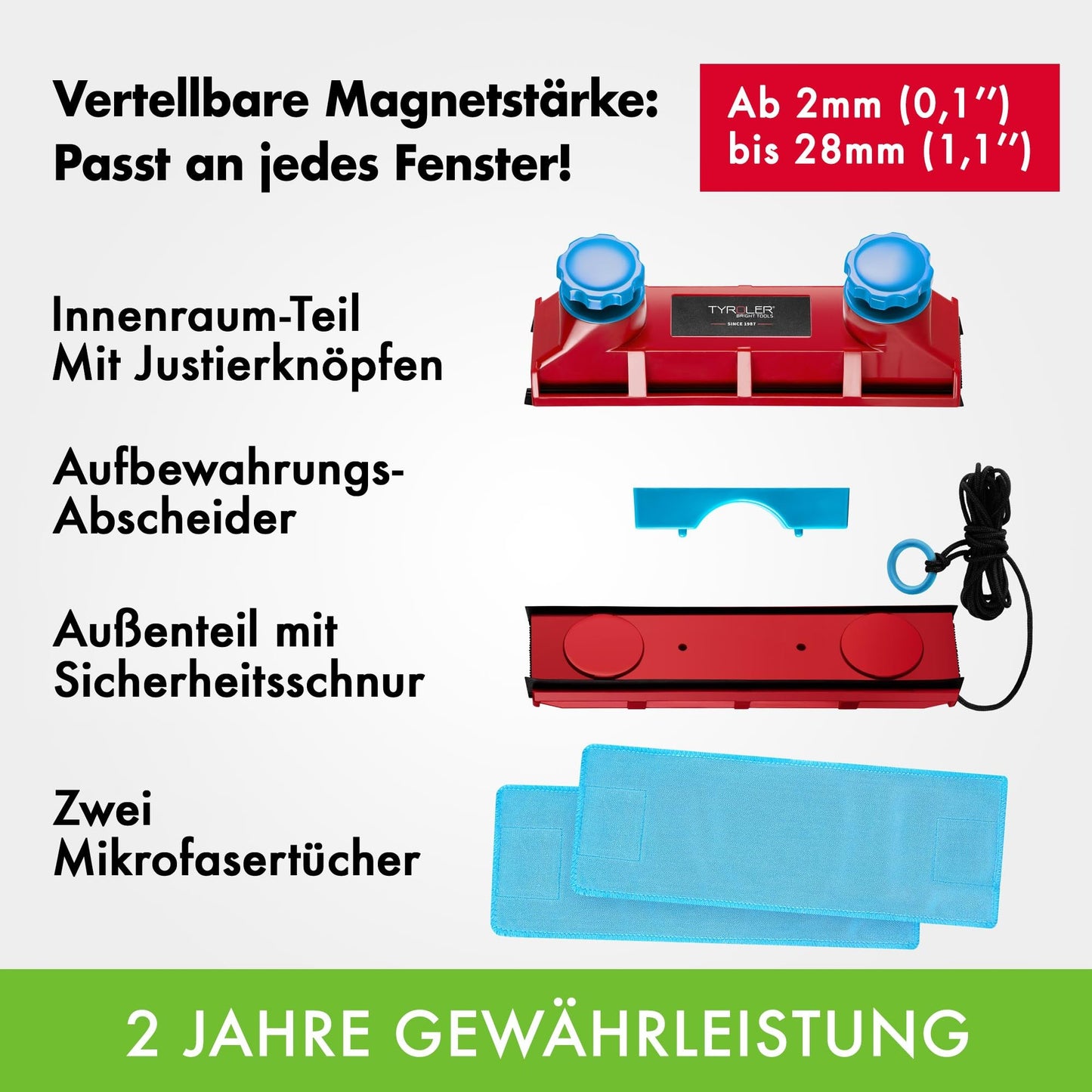 Tyroler | Der Glider D3 AFC Magnetischer Fensterreiniger | Einzel- und Doppelverglasung 2-28mm | 3M Sicherheitsseil | Beidseitige Reinigung