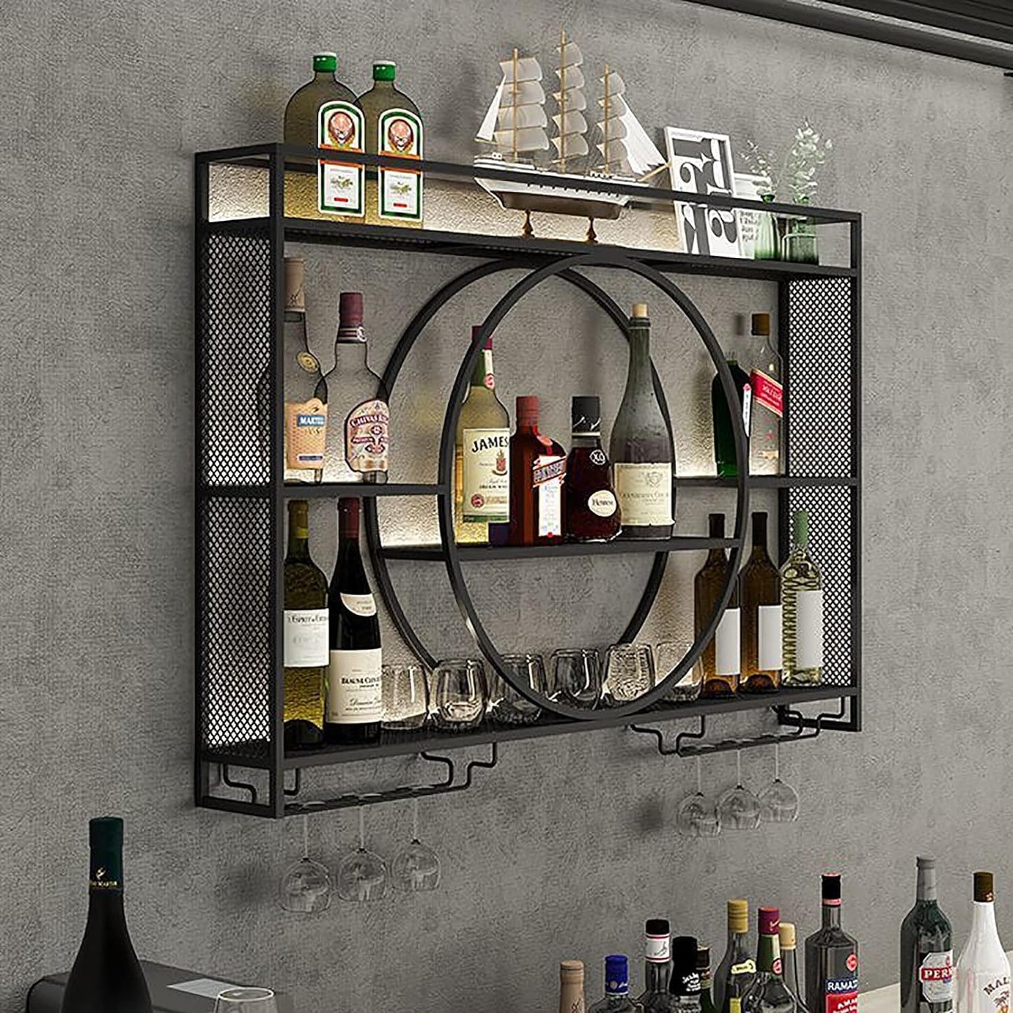 EudoER Modernes Weinregal aus Metall, Wandmontage, Bar-Einheit, schwebende Regale, Weinregale, Glasregal, Eisen-Display-Ständer, Weinhalter mit Regalen, für Zuhause, Restaurant, Bars