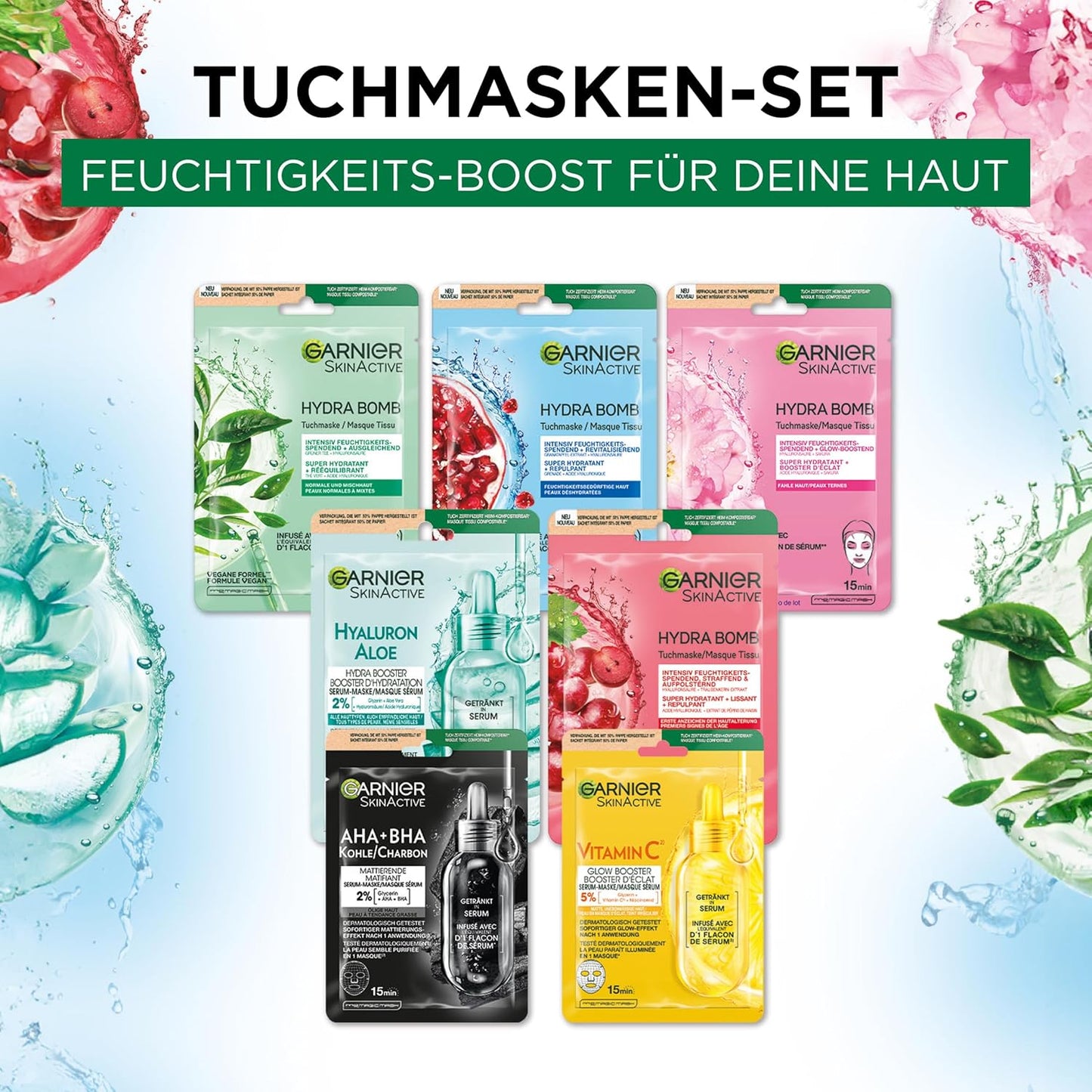 Garnier Tuchmasken Set für jeden Hauttyp, 7 Gesichtsmasken für trockene bis normale Haut, Vegane Formel mit Hyaluronsäure, Hydra Bomb und Nutri Bomb Maskenset, 7 x 28 g