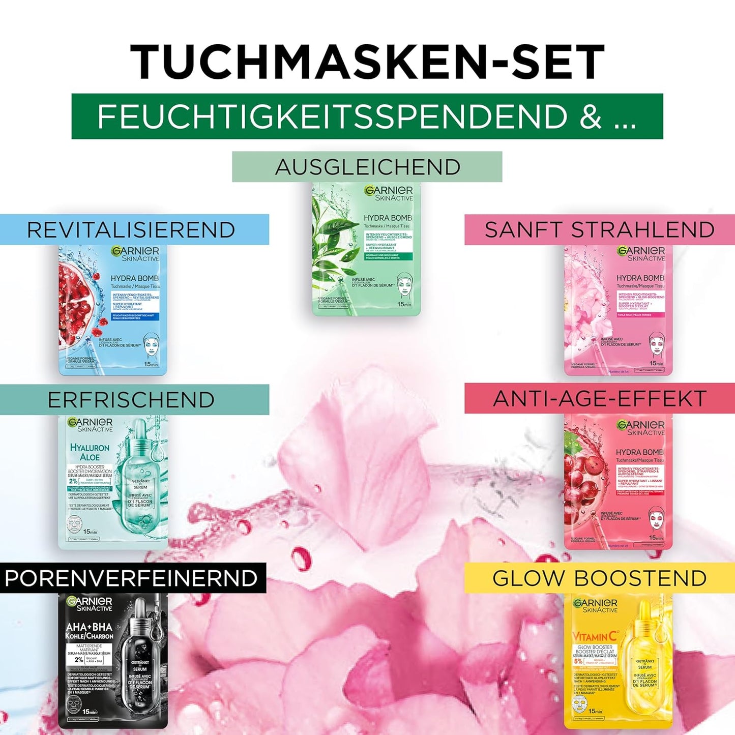 Garnier Tuchmasken Set für jeden Hauttyp, 7 Gesichtsmasken für trockene bis normale Haut, Vegane Formel mit Hyaluronsäure, Hydra Bomb und Nutri Bomb Maskenset, 7 x 28 g