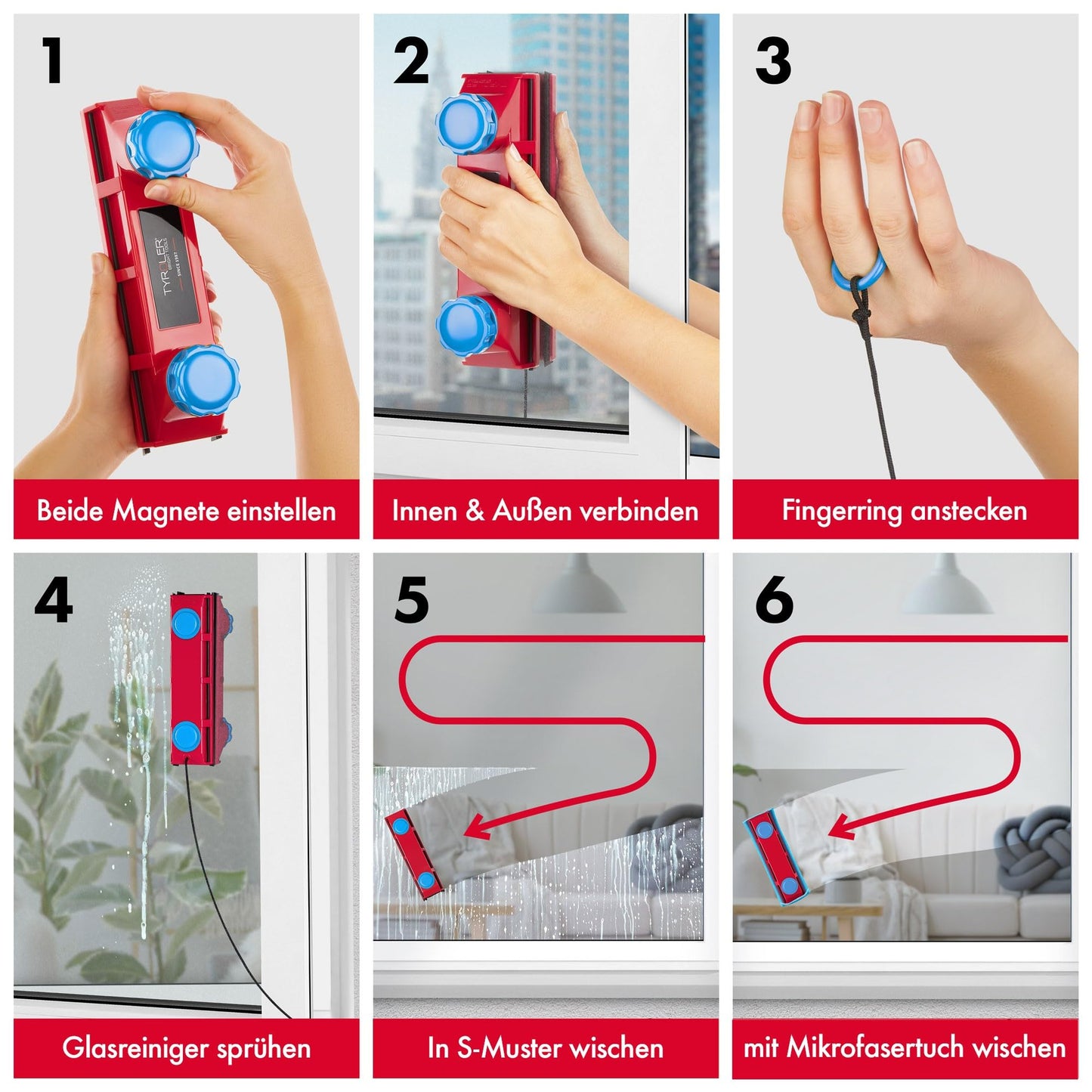 Tyroler | Der Glider D3 AFC Magnetischer Fensterreiniger | Einzel- und Doppelverglasung 2-28mm | 3M Sicherheitsseil | Beidseitige Reinigung