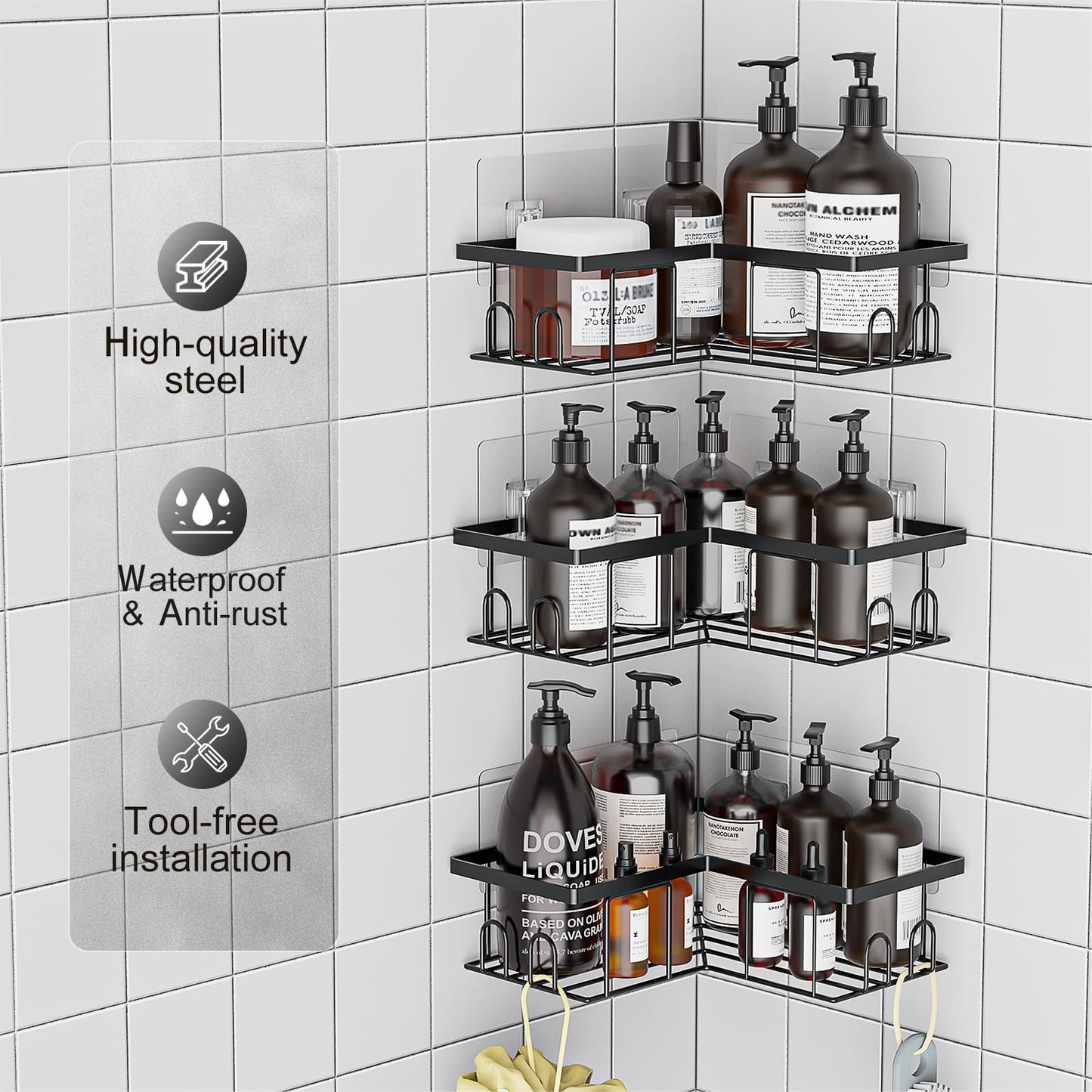 UUlioyer Duschablage ohne Bohren Ecke, Wasserdichter und Rostfreier Duschregal, 3 Stück Badezimmer Regal Organizer, Shampoo Duschgel Halterung für Dusche, Schwarz (3 Stück Duschablage Ecke)