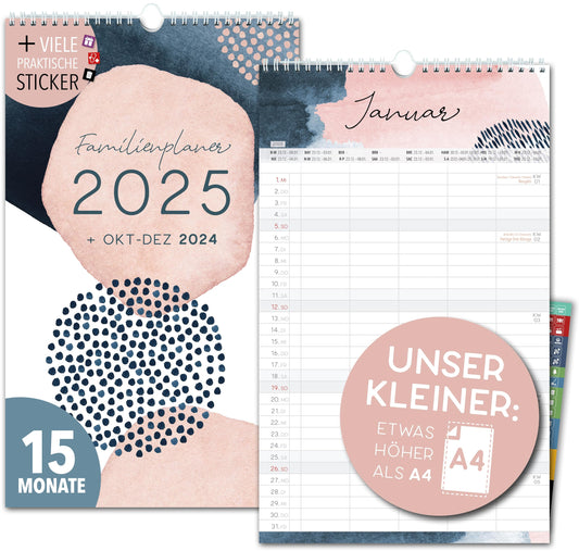 Kleiner Familienkalender 2025 5 Spalten PASTELL 19,5 x 32,5cm Familienplaner 2025 und Okt-Dez 2024 Wandkalender Wandplaner 2025 STICKER Recycling Urlaub, Pflanzkalender Aquarell Schön Deko Boho Style