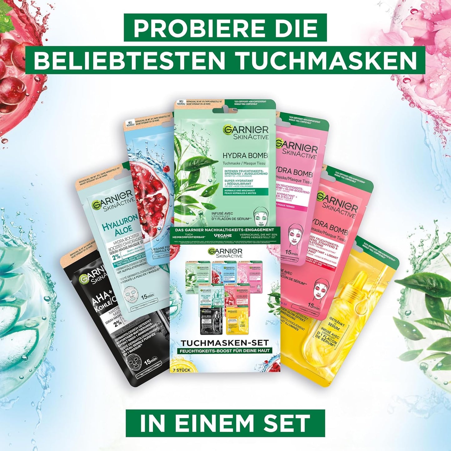 Garnier Tuchmasken Set für jeden Hauttyp, 7 Gesichtsmasken für trockene bis normale Haut, Vegane Formel mit Hyaluronsäure, Hydra Bomb und Nutri Bomb Maskenset, 7 x 28 g